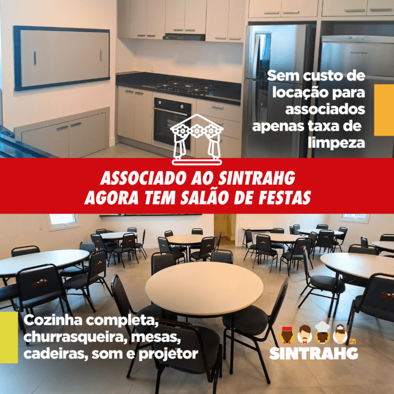 SALÃO DE EVENTOS NA NOVA SEDE DO SINTRAHG ESTÁ DISPONÍVEL SEM CUSTO AOS ASSOCIADOS